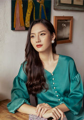 Silk V Neck Blouse with Pearl Button Detail and Gathered Sleeves